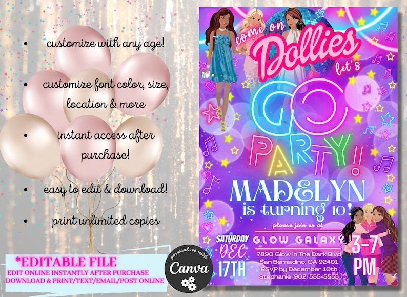 K&ouml;nnte beinhalten: Eine bearbeitbare Einladung zu einer 10. Geburtstagsfeier f&uuml;r ein M&auml;dchen. Die Einladung hat einen violetten Hintergrund mit neonrosa, gr&uuml;nem und blauem Text, der "Come on Dollies Let's Go Party!" lautet. Die Einladung zeigt auch ein Bild von drei Puppen und den Text "Madelyn is turning 10!"  Die Einladung ist mit Sternen, Noten und Blasen verziert.