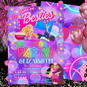 Könnte beinhalten: Eine violette und rosafarbene Einladung zu einer Übernachtungsparty mit einem Cartoon-Bild eines Mädchens im Schlafanzug und einer Filmrolle. Der Text lautet "Come on Besties it's a Slumber Party! Elizabeth is turning 12!" mit Details zu Datum, Uhrzeit und Ort der Party.