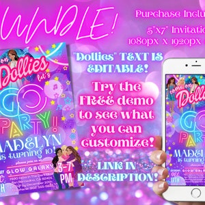 K&ouml;nnte beinhalten: Eine digitale Einladung zu einer Geburtstagsparty f&uuml;r ein M&auml;dchen. Die Einladung hat einen lila und rosa Hintergrund mit einem Neon-Schild, auf dem "Come on Dollies Go Party!" steht. Die Einladung enth&auml;lt auch den Text "Madelyn wird 10!" sowie das Datum und die Uhrzeit der Party. Die Einladung ist editierbar und beinhaltet eine kostenlose Demo.