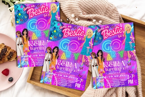 LET'S GO PARTY Bundle, Princess Doll Birthday Rainbow Invitation, Princess Disco Invitation, Free Thank You Card, Instant Digital Download