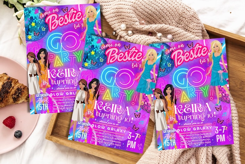 May include: A purple and pink birthday party invitation with a neon pink "Go Party" sign and a cartoon image of a girl with blonde hair. The text on the invitation reads "Come on Bestie let's Go Party! Keira is turning 10!" and "Glow Galaxy 3-7 PM".