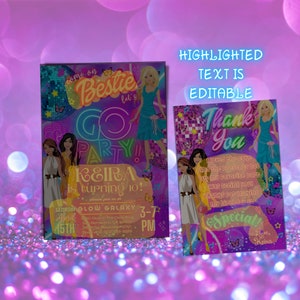 May include: Two invitation cards for a girl's 10th birthday party. The first card is purple with a disco ball theme and says "Come on Bestie Let's Go Party! Keira is turning 10!" The second card is purple with a disco ball theme and says "Thank You I loved the cake and the presents too but my favorite part was seeing you! Thanks for making my birthday so special Love Keira".