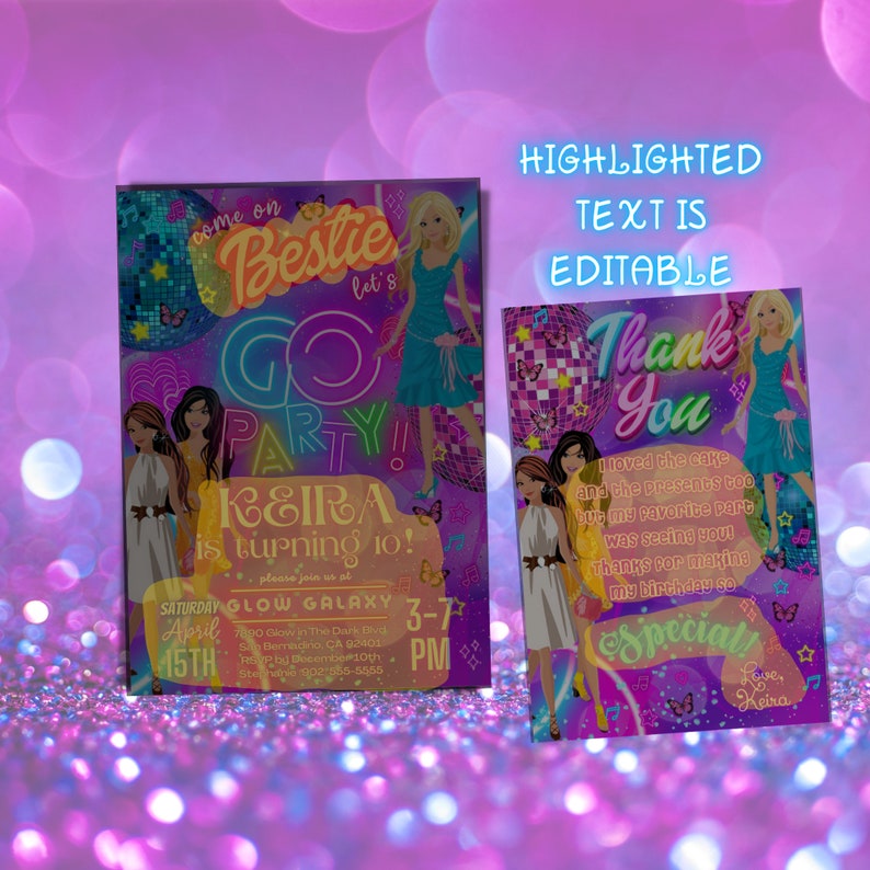 May include: Two invitation cards for a girl's 10th birthday party. The first card is purple with a disco ball theme and says "Come on Bestie Let's Go Party! Keira is turning 10!" The second card is purple with a disco ball theme and says "Thank You I loved the cake and the presents too but my favorite part was seeing you! Thanks for making my birthday so special Love Keira".