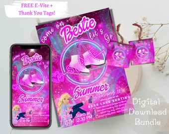 May include: A digital download bundle for a birthday party invitation and thank you tags. The invitation features a pink and blue design with the text "Come on Bestie let's go Skate" and a graphic of ice skates. The thank you tags feature a pink and blue design with the text "Thanks for coming with me!" and a graphic of ice skates.