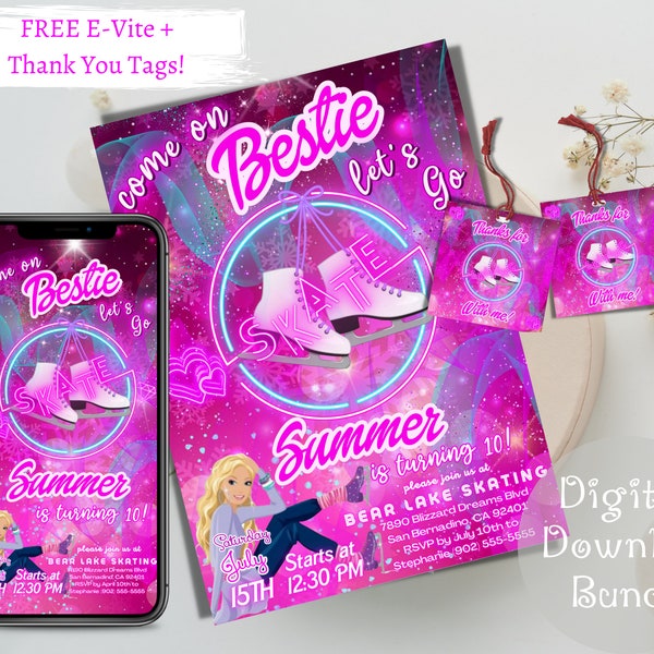 ICE SKATING PRINCESS Invitation, Princess Doll Skating Party, Barb Doll Girls Birthday Party Invitation, Hot Pink Digital Download