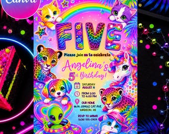 May include: A vibrant birthday invitation card featuring the text FIVE, Angelina's 5th Birthday, Saturday August 15, 2:00 to 4:00 PM, Our Home 8674 Jungle Cat Ave Madison, WI, and RSVP to Mama 608 555-0909, with colorful kittens, a unicorn, and alien.