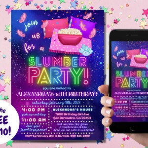 Slumber Party Invitation Sleepover Invite Birthday Party Pajama Party Outer Space Neon Rainbow Sleepover Invitation | DEMO IN DESCRIPTION