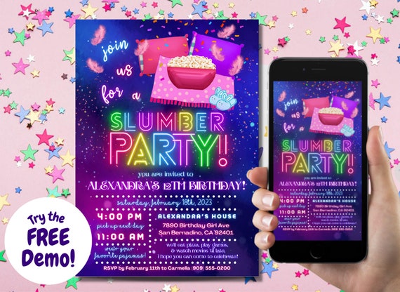 Slumber Party Invitation Sleepover Invite Birthday Party Pajama Party Outer Space Neon Rainbow Sleepover Invitation | DEMO IN DESCRIPTION
