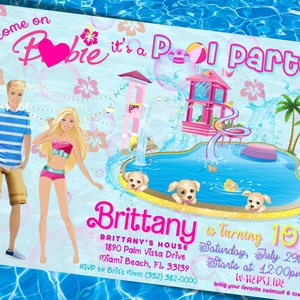 Barb and Ken-uitnodiging, Barb Doll Pool Party-uitnodiging, zomerfeest, glijbaan, bewerkbaar, gratis bedankkaart + tags, DEMO BESCHIKBAAR