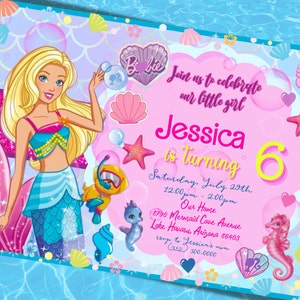 Barb Doll Mermaid Invitation, Mermaid Birthday, Summer Party, Swim Party, Editable Template, Free Thank You Card + Tags, Demo Available
