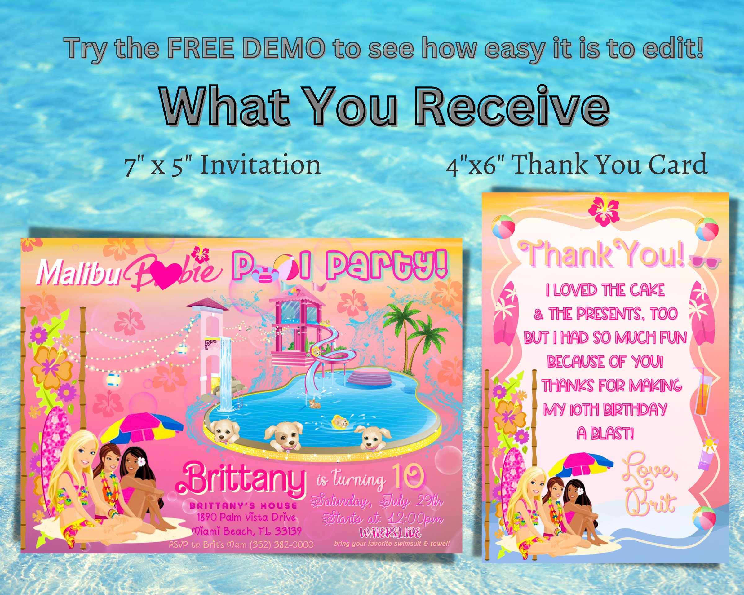 Malibu Barb Doll Pool Party Invitation, Summer Doll Birthday Party ...