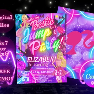 JUMP Princess Doll Birthday Party Trampoline Rainbow Invitation, Jump Neon Purple Party Invite, Editable, Digital Download, DEMO AVAILABLE