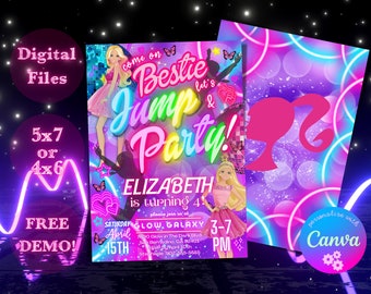 JUMP Princess Doll Birthday Party Trampoline Rainbow Invitation, Jump Neon Purple Party Invite, Editable, Digital Download, DEMO AVAILABLE