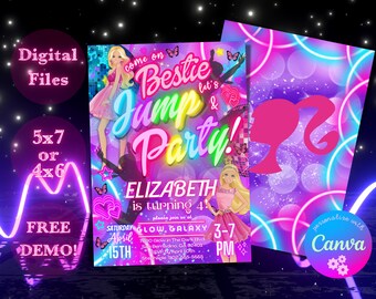 JUMP Princess Doll Birthday Party Trampoline Rainbow Invitation, Jump Neon Purple Party Invite, Editable, Digital Download, DEMO AVAILABLE