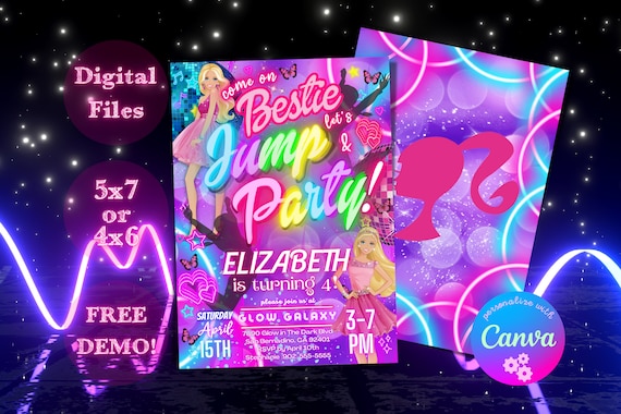 JUMP Princess Doll Birthday Party Trampoline Rainbow Invitation, Jump Neon Purple Party Invite, Editable, Digital Download, DEMO AVAILABLE