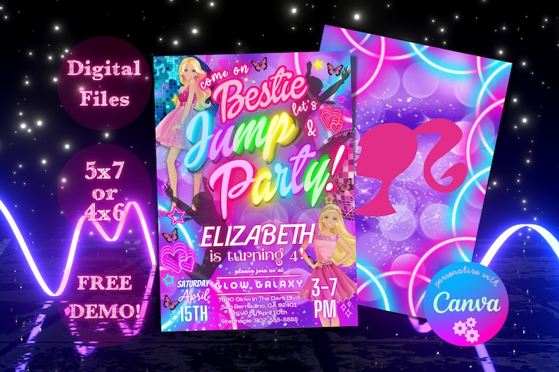 May include: A digital invitation for a birthday party with a neon pink, blue, and green color scheme. The invitation features a silhouette of a girl jumping with the text "Bestie Jump Party!" and "Elizabeth is turning 4!" The invitation also includes a Barbie doll graphic and the text "Glow Galaxy" and "3-7 PM".