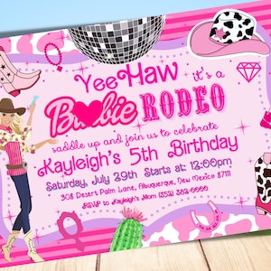 Convite de Cowgirl da Boneca Barb, Festa de Aniversário da Boneca de Verão, Rosa Choque, Festa Nashville, Editável, Cartão de Agradecimento Grátis + Etiquetas, DEMO DISPONÍVEL