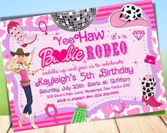 Barb Doll Cowgirl Invitation, Summer Doll Birthday Party, Hot Pink, Nashville Party, Editable, Free Thank You Card + Tags, DEMO AVAILABLE