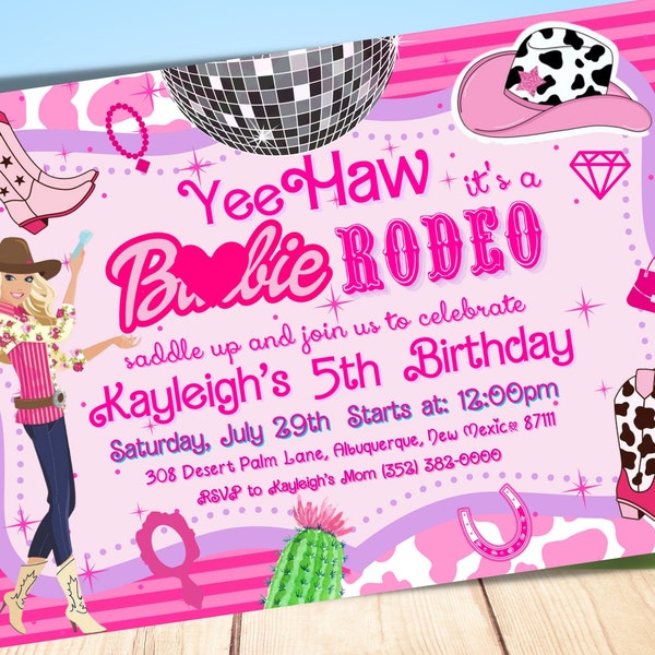 Barb Doll Cowgirl Invitation, Summer Doll Birthday Party, Hot Pink, Nashville Party, Editable, Free Thank You Card + Tags, DEMO AVAILABLE