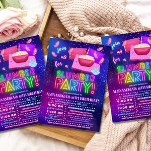 May include: A purple and blue invitation with neon pink and green text that says "Join us for a Slumber Party!"  The invitation is for Alexandra's 8th birthday party. The party is on Saturday, February 18th, 2023 at 4:00 PM. The address is 7800 Birthday Girl Ave, San Bernardino, CA 92401. RSVP by February 12th to (909) 555-0000.