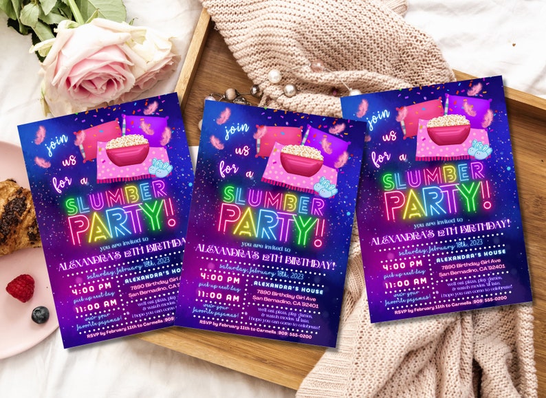 May include: A purple and blue invitation with neon pink and green text that says "Join us for a Slumber Party!"  The invitation is for Alexandra's 8th birthday party. The party is on Saturday, February 18th, 2023 at 4:00 PM. The address is 7800 Birthday Girl Ave, San Bernardino, CA 92401. RSVP by February 12th to (909) 555-0000.