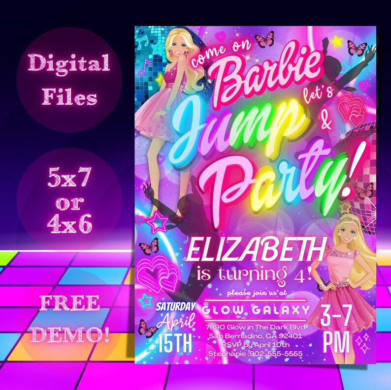 May include: A pink and purple birthday invitation with a neon glow effect. The invitation features a cartoon image of Barbie and the text "Come on Barbie, let's go party!"  The invitation is for Elizabeth's 4th birthday party. The party is on Saturday, April 15th at 3:00 PM at Glow Galaxy, 7890 Glow in the Dark Blvd, San Bernardino, CA 92401. RSVP by April 10th to Stephanie at (902) 555-5555.