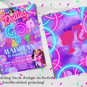 K&ouml;nnte beinhalten: Eine lila, rosa und blaue Einladung mit Neonlichtern und Sternen. Die Einladung lautet "Come on Dollies Go Party! Madelyn is turning 10!" mit einem Datum und einer Uhrzeit f&uuml;r die Party.