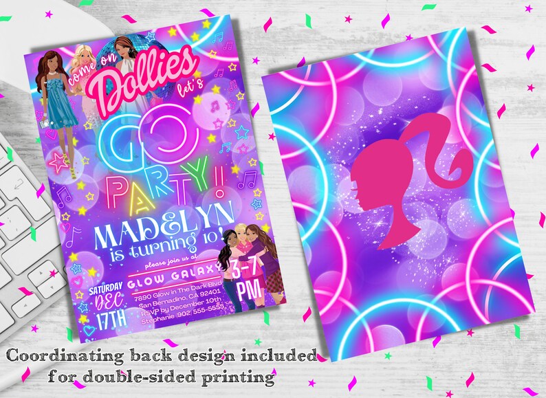 K&ouml;nnte beinhalten: Eine lila, rosa und blaue Einladung mit Neonlichtern und Sternen. Die Einladung lautet "Come on Dollies Go Party! Madelyn is turning 10!" mit einem Datum und einer Uhrzeit f&uuml;r die Party.