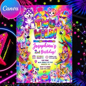 May include: A vibrant birthday invitation card featuring colorful illustrations of a husky, zebra, leopard, parrot, and tiger cub. The text reads Two Wild, Josephina's 2nd Birthday, Saturday August 15, 2:00 to 4:00 PM, 8674 Jungle Cat Ave, Madison, WI.