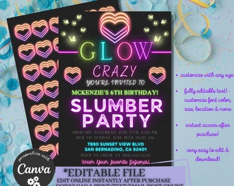 Girls Sleepover Birthday Party Invitation Glow Party Editable Template Slumber Party Rainbow Neon Hearts Butterflies DEMO IN DESCRIPTION