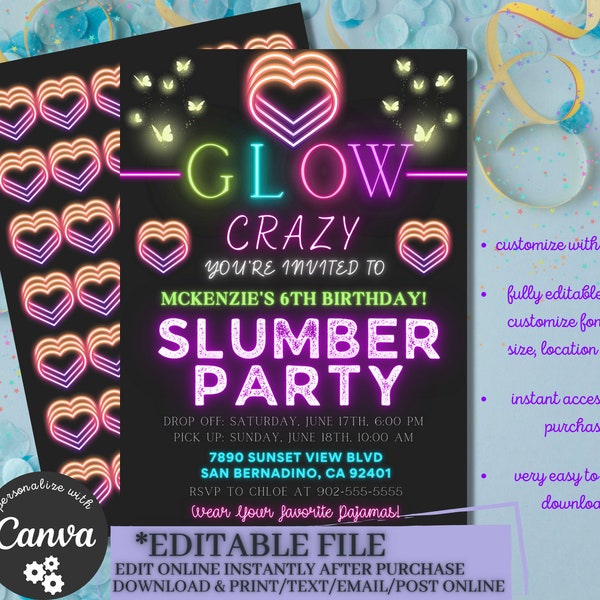 Girls Sleepover Birthday Party Invitation Glow Party Editable Template Slumber Party Rainbow Neon Hearts Butterflies DEMO IN DESCRIPTION