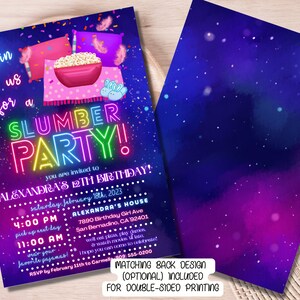 May include: A purple and blue galaxy-themed slumber party invitation with neon pink, green, and yellow text that reads "Join us for a Slumber Party! You are invited to Alexandra's 12th Birthday!" The invitation includes details about the party, including the date, time, and location.