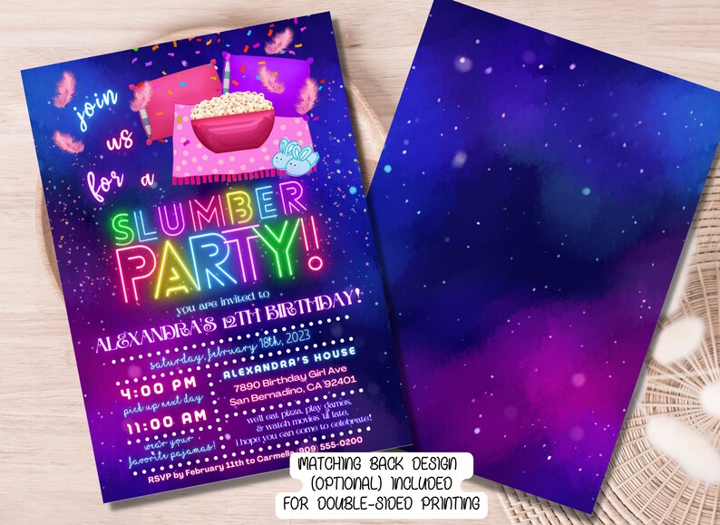 May include: A purple and blue galaxy-themed slumber party invitation with neon pink, green, and yellow text that reads "Join us for a Slumber Party! You are invited to Alexandra's 12th Birthday!" The invitation includes details about the party, including the date, time, and location.