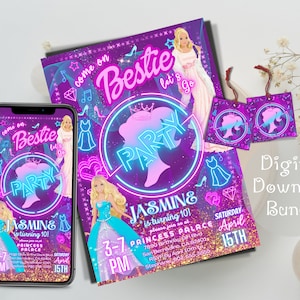 Barb Doll Invitation, Barb Doll Princess Party, Neon Purple Birthday Party Invitation, FREE Thank You Tags, Editable, Demo Available