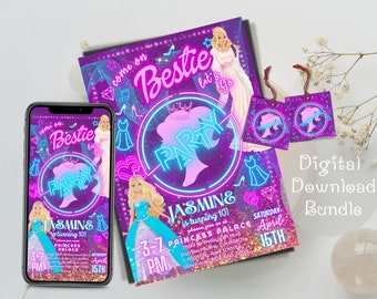 Barb Doll Invitation, Barb Doll Princess Party, Neon Purple Birthday Party Invitation, FREE Thank You Tags, Editable, Demo Available