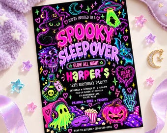 May include: A rectangular invitation card with a black background featuring neon pink, green, and blue illustrations of a cat in a witch hat, a skull, a UFO, a ghost with headphones, and a pumpkin. The text reads Spooky Sleepover, Harper's 12th Birthday Party, and event details.