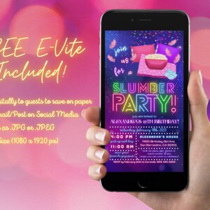 May include: A digital invitation for a slumber party with a neon sign that says "Slumber Party!" and a pink bowl of popcorn. The invitation is for Alexandra's 8th birthday on Saturday, February 18, 2023. The invitation is customizable with Canva.