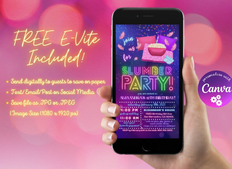 May include: A digital invitation for a slumber party with a neon sign that says "Slumber Party!" and a pink bowl of popcorn. The invitation is for Alexandra's 8th birthday on Saturday, February 18, 2023. The invitation is customizable with Canva.
