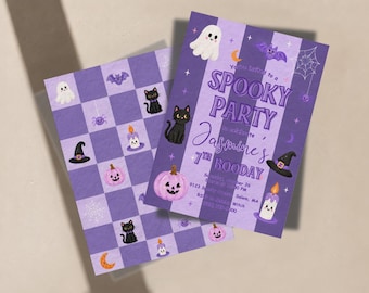 May include: A purple and light purple checkered invitation card featuring illustrations of a ghost, a black cat, a pumpkin, a candle, a bat, and a spider. The text reads: You're invited to a SPOOKY PARTY to celebrate Jasmine's 7TH BOODAY.