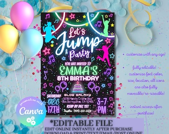 Glow Party Invitation Kids Neon Lets Jump and Party Glow Jump Trampoline Girls Teen Birthday Invitation Digital Download DEMO IN DESCRIPTION