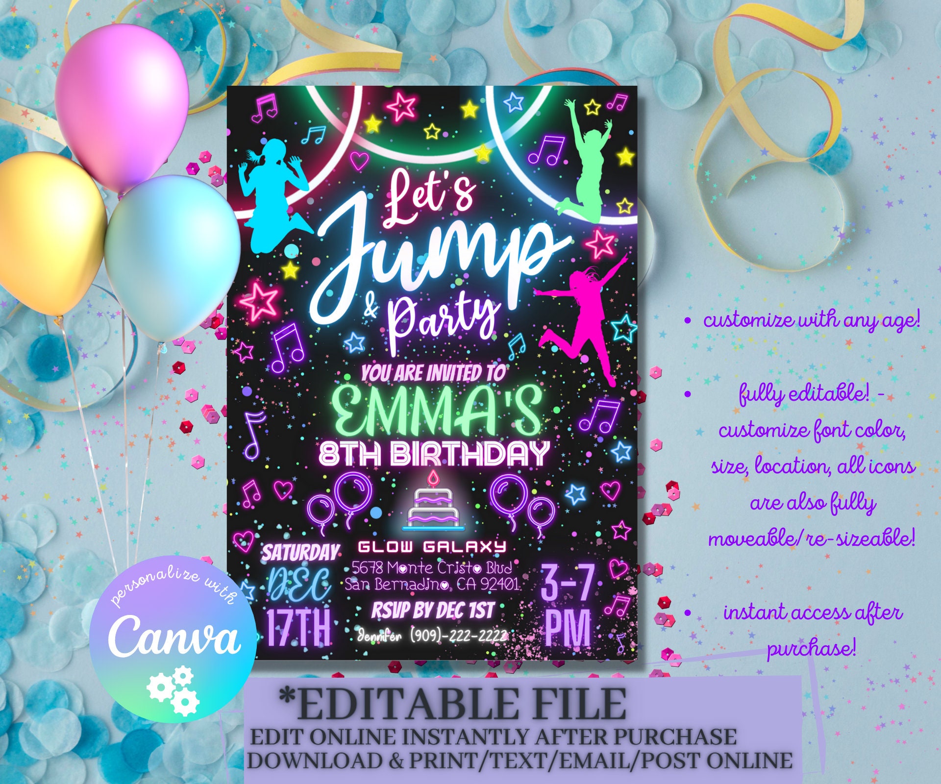 Glow Party Invitation Kids Neon Lets Jump and Party Glow Jump