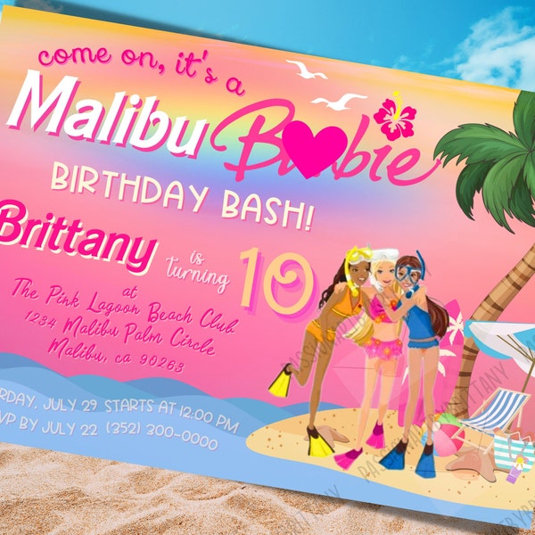 Malibu Barb Doll Invitation, Tropical Beach Sunset Party, Swimming Party, Summer Party, Let's Go Party, Free Thank You Card, Demo Available