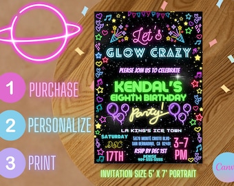 Kids Invitation Rainbow Party Glow Party Neon Glow Crazy Colorful Outer Space Party Instant Download Digital Invite DEMO IN DESCRIPTION
