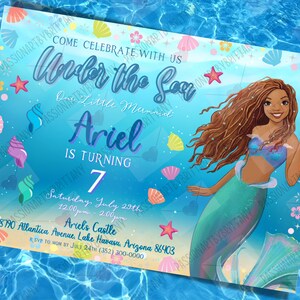 Invitation princesse sirène africaine, poupée africaine, Ariel Invitation, petite sirène filles fête inviter, carte de remerciement gratuite, démo disponible