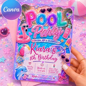 May include: A rectangular pool party invitation card featuring glittery pink and blue text that reads Pool Party, Kiara's 8th Birthday, Splash, Sip & Celebrate, Saturday August 21, Starts at 12:00 pm, and Kiara's House 1310 Ocean Drive Charleston, SC.