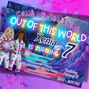 Barb Doll Outerspace-uitnodiging, Outerspace Girls-verjaardag, Astronaut Galaxy Party, bewerkbaar, gratis bedankkaart + tags, DEMO BESCHIKBAAR
