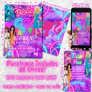 May include: A set of three printable party invitations featuring a neon pink and blue color scheme with a disco ball theme. The invitations include a birthday invitation, a mobile e-vite, and a thank you card. The text on the invitations reads "Come on Bestie Let's Go Party!" and "Keira is turning 10!"