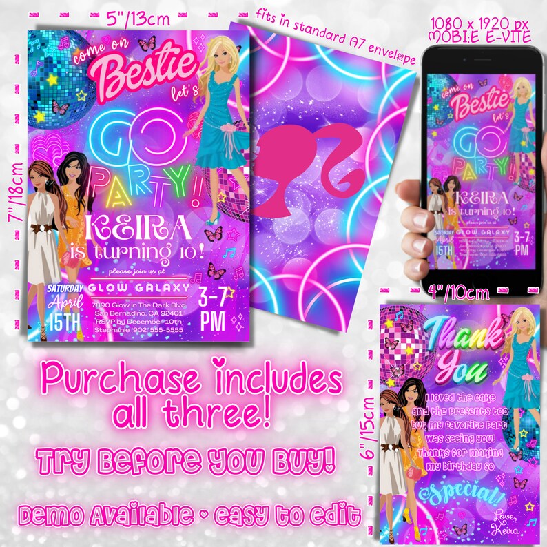 May include: A set of three printable party invitations featuring a neon pink and blue color scheme with a disco ball theme. The invitations include a birthday invitation, a mobile e-vite, and a thank you card. The text on the invitations reads "Come on Bestie Let's Go Party!" and "Keira is turning 10!"