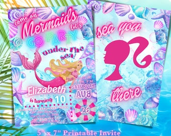 May include: A mermaid-themed birthday party invitation with a pink and blue color scheme. The invitation features a mermaid with long blonde hair and a pink tail, swimming in a blue ocean with seashells and bubbles. The text on the invitation reads "Come on Mermaids let's Go Party Under the Sea!" and "Elizabeth is turning 10".