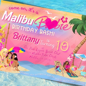 Malibu Beach Party Barb Doll Instant Download, Tropical Swimming Party, Summer Birthday Invite, Free Thank You Card, DEMO IN DESCRIPTION